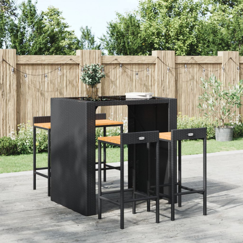 Barhocker 4 Stk. Schwarz Poly Rattan und Massivholz Akazie