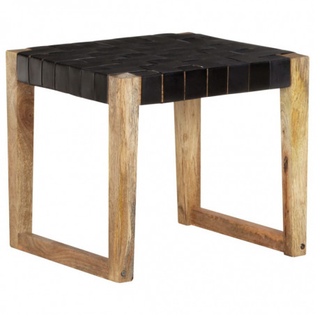 Hocker Schwarz Echtleder und Mango Massivholz