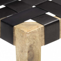 Hocker Schwarz Echtleder und Mango Massivholz