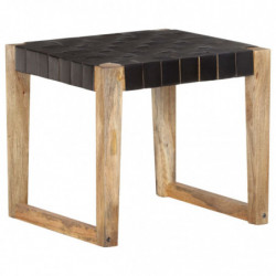 Hocker Schwarz Echtleder und Mango Massivholz