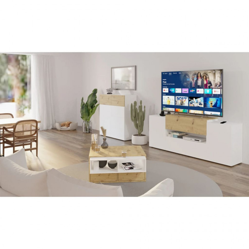 FMD TV-Schrank 182x33x70,2 cm Weiß und Artisan-Eiche