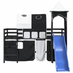 Kinderhochbett mit Turm Weiß & Schwarz 90x190 cm Kiefernholz
