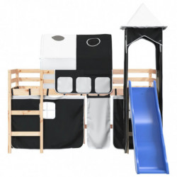 Kinderhochbett mit Turm Weiß & Schwarz 90x200 cm Kiefernholz