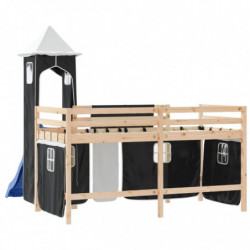 Kinderhochbett mit Turm Weiß & Schwarz 90x190 cm Kiefernholz